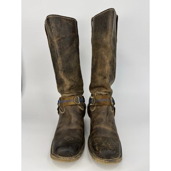 Bed|Stü Womens Leather Harness Boots 7 Brown Distressed Western Moto Made In Mex - Picture 4 of 12